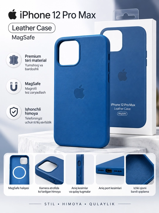 IPhone 12 Pro Max chexol, MagSafe, premium teri, kamera himoyasi, ko‘k rangli g‘ilof - 