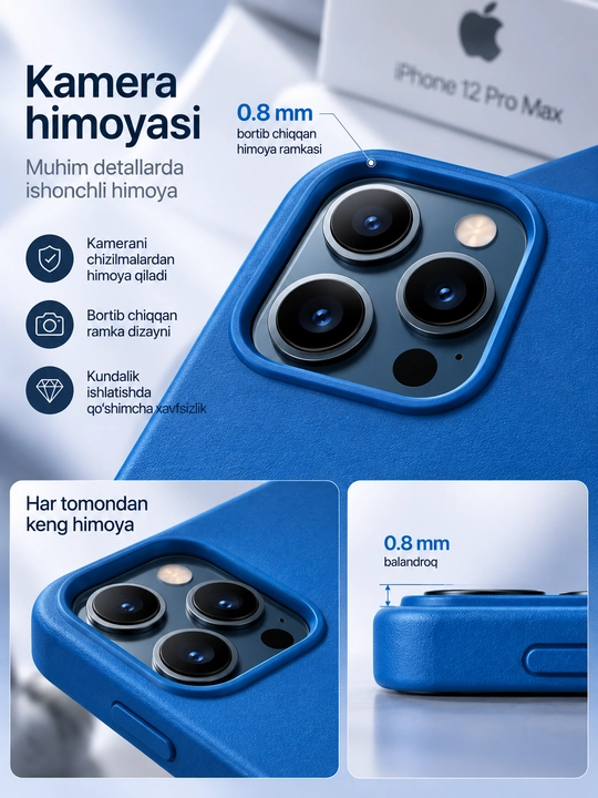 IPhone 12 Pro Max chexol, MagSafe, premium teri, kamera himoyasi, ko‘k rangli g‘ilof