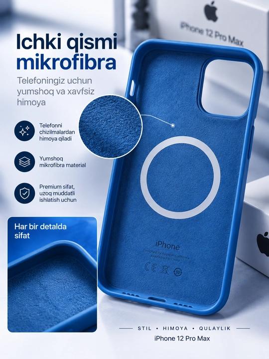IPhone 12 Pro Max chexol, MagSafe, premium teri, kamera himoyasi, ko‘k rangli g‘ilof