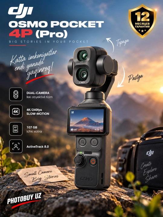 DJI Osmo Pocket 4 Pro, 4K kamera, 2 obyektiv, OLED ekran, stabilizatsiya, ActiveTrack - 