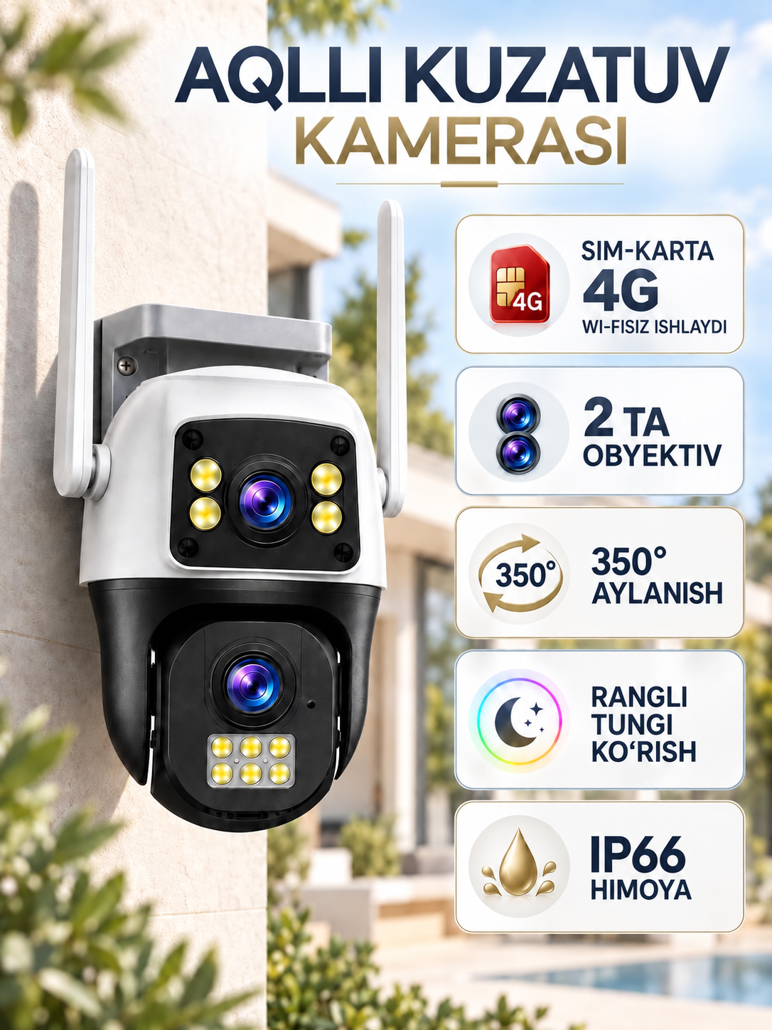 Smart wifi/4G-SIM kamera, PTZ kuzatuv kamerasi, Full HD tashqi kamera - 