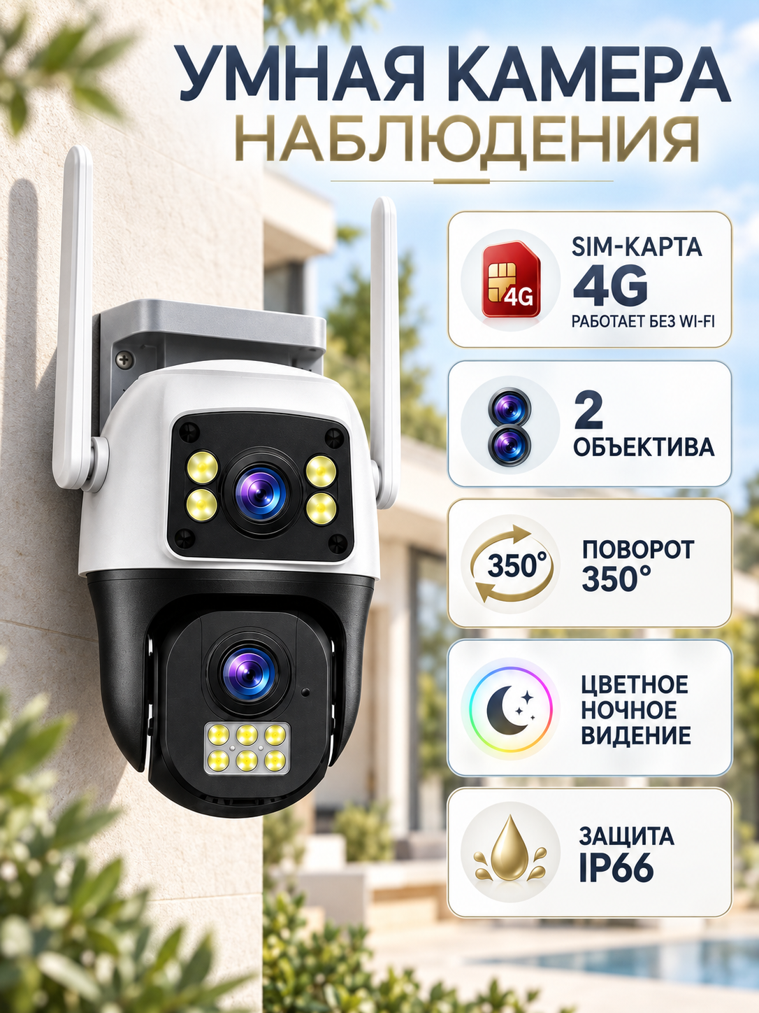 Умная wifi/4G-SIM камера, PTZ камера видеонаблюдения, наружная камера Full HD