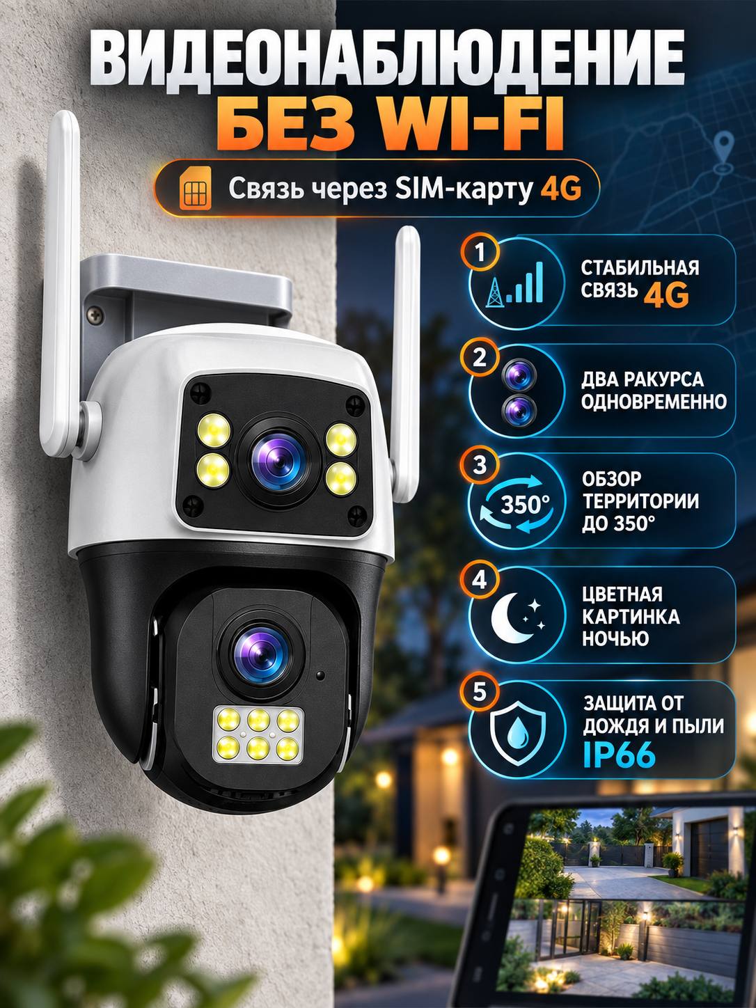Умная wifi/4G-SIM камера, PTZ камера видеонаблюдения, наружная камера Full HD