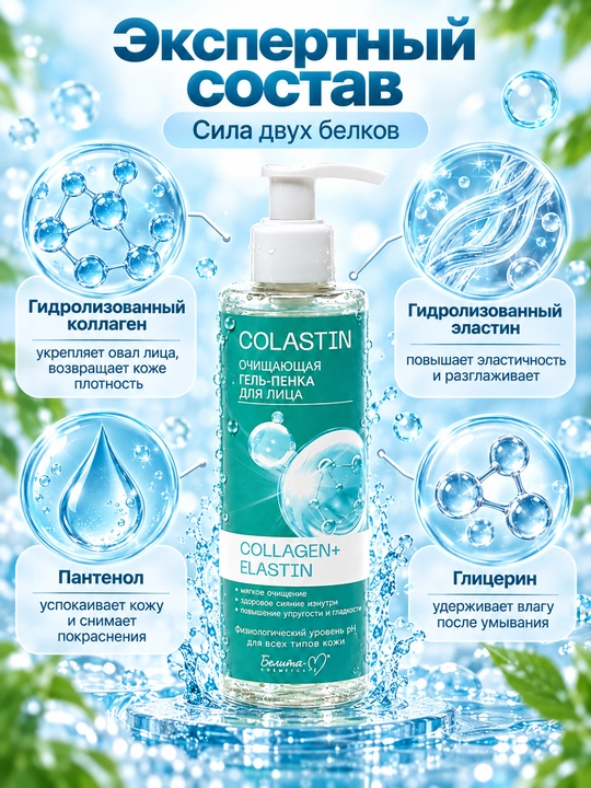 Гель-пенка для умывания лица COLASTIN, 200 г, Белика-М