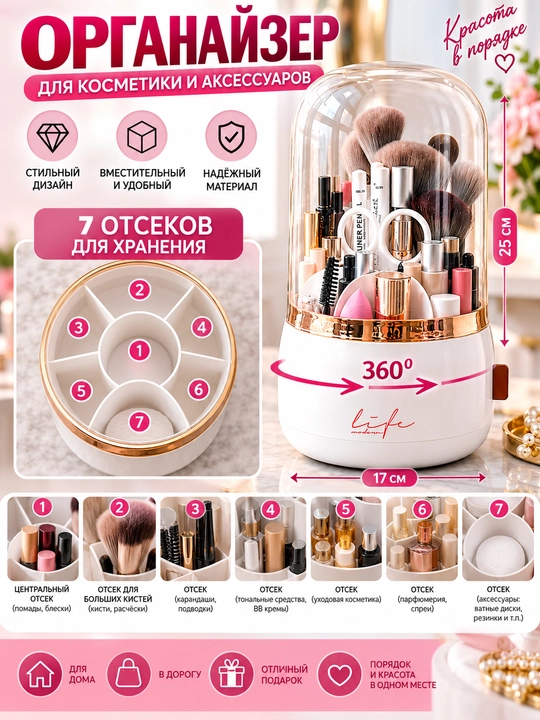 Органайзер для косметики, кистей и аксессуаров вращающийся