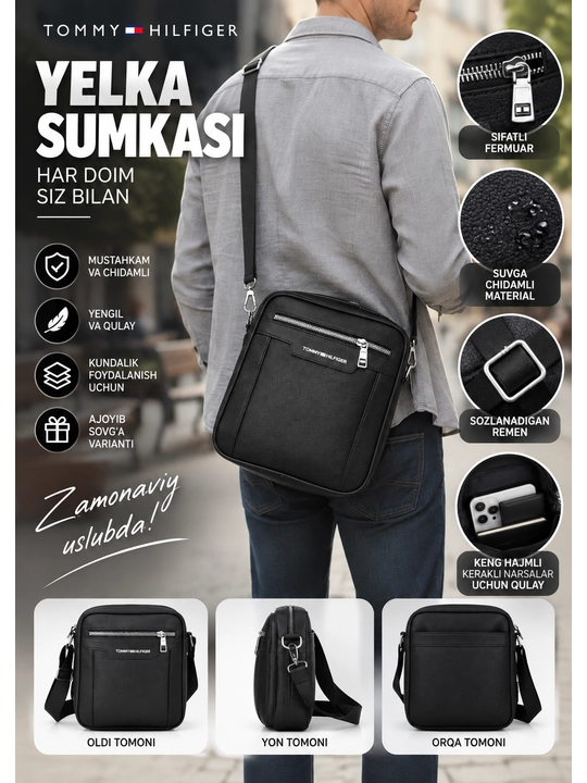Erkaklar uchun yelka sumkasi, sozlanadigan tasmali va cho‘ntakli