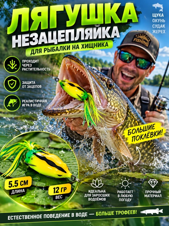 Yirtqich baliqlar uchun qurbaqa popper yem, ilgakka ilinmaydigan