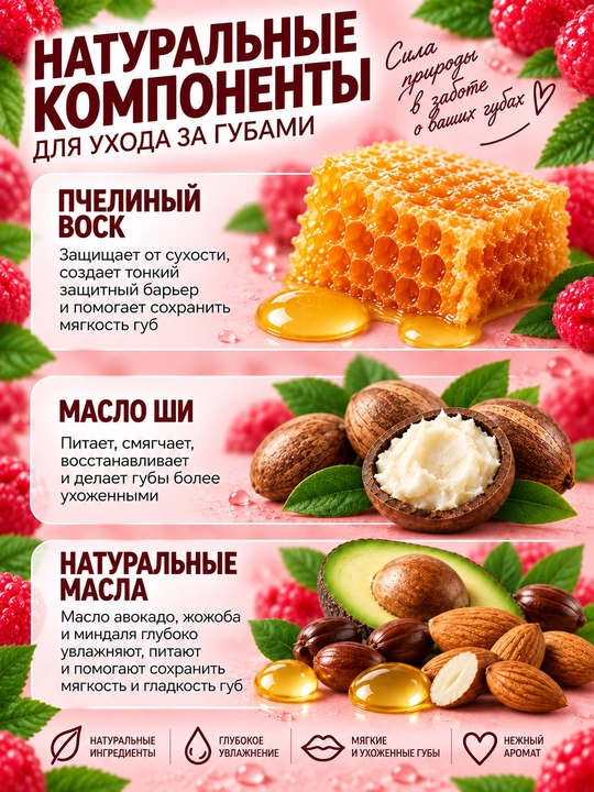 Бальзам для губ Бархатные губки, с легким красным оттенком и вкусом малины