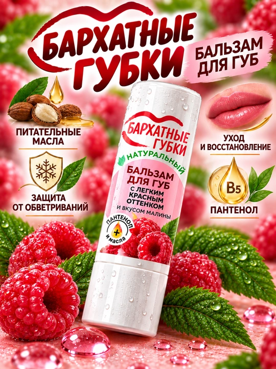 Бальзам для губ Бархатные губки, с легким красным оттенком и вкусом малины - 