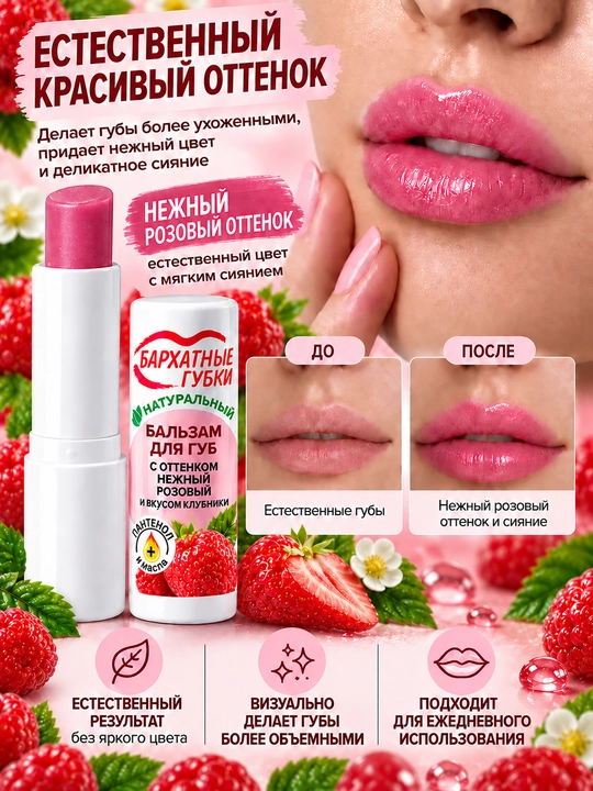 Бальзам для губ Бархатные губки, нежный розовый, co вкусом клубники