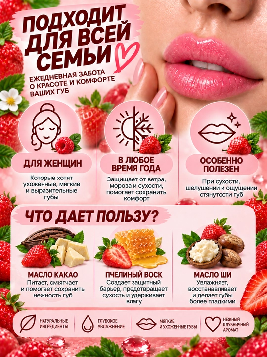 Бальзам для губ Бархатные губки, нежный розовый, co вкусом клубники