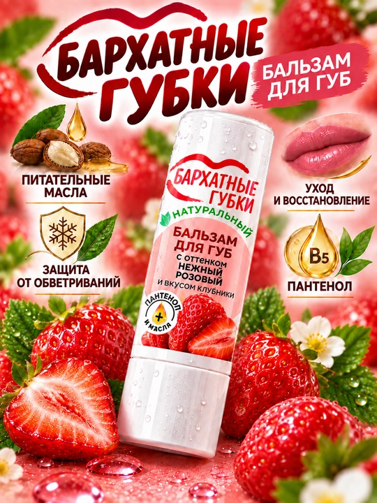 Бальзам для губ Бархатные губки, нежный розовый, co вкусом клубники - 