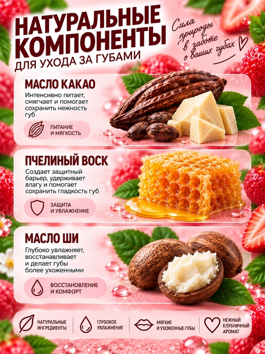 Бальзам для губ Бархатные губки, нежный розовый, co вкусом клубники