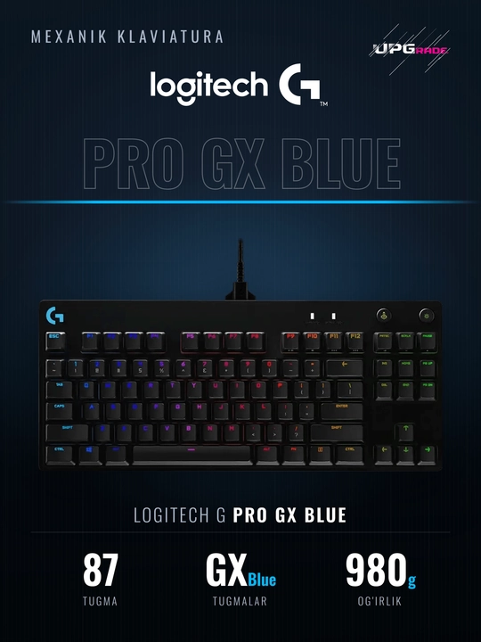 Mexanik klaviatura Logitech G PRO, GX Blue, 87 tugma, TKL, RGB, qora