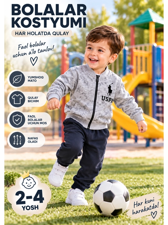 Bolalar koftasi, kulrang jaket, sport kiyim, zamokli, uzun yengli, kundalik kiyim