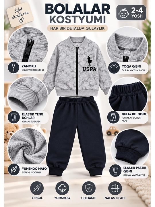 Bolalar koftasi, kulrang jaket, sport kiyim, zamokli, uzun yengli, kundalik kiyim