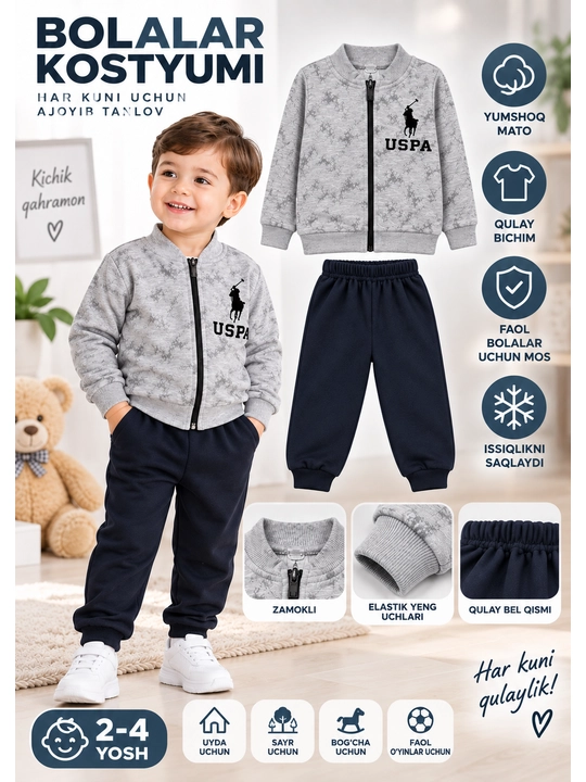 Bolalar koftasi, kulrang jaket, sport kiyim, zamokli, uzun yengli, kundalik kiyim
