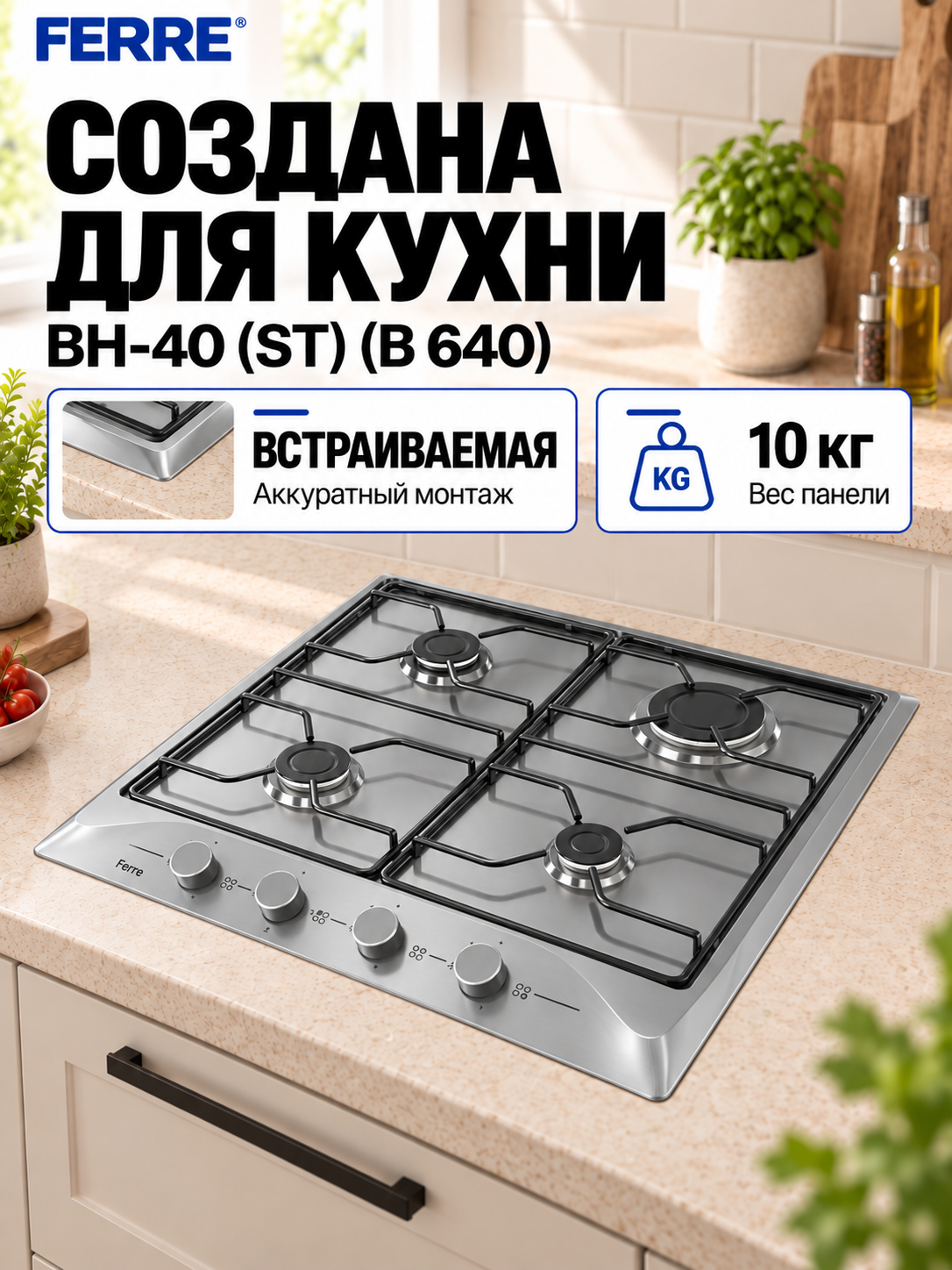 Газовая варочная панель FERRE BH-40 (ST) (B 640), 4 конфорки, автоподжиг, стальные решётки
