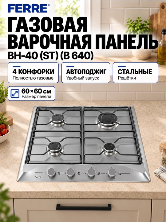 Газовая варочная панель FERRE BH-40 (ST) (B 640), 4 конфорки, автоподжиг, стальные решётки - 