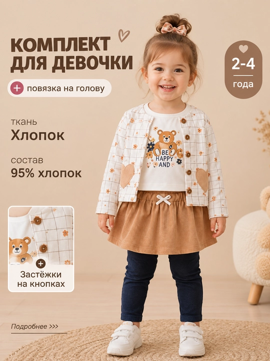 Детский комплект для девочки из хлопка, удобный и мягкий
