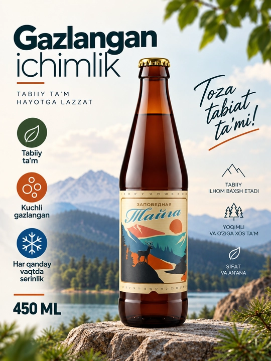 “Zapovednaya Tayga” kuchli gazlangan alkogolsiz ichimlik, 450 ml - 