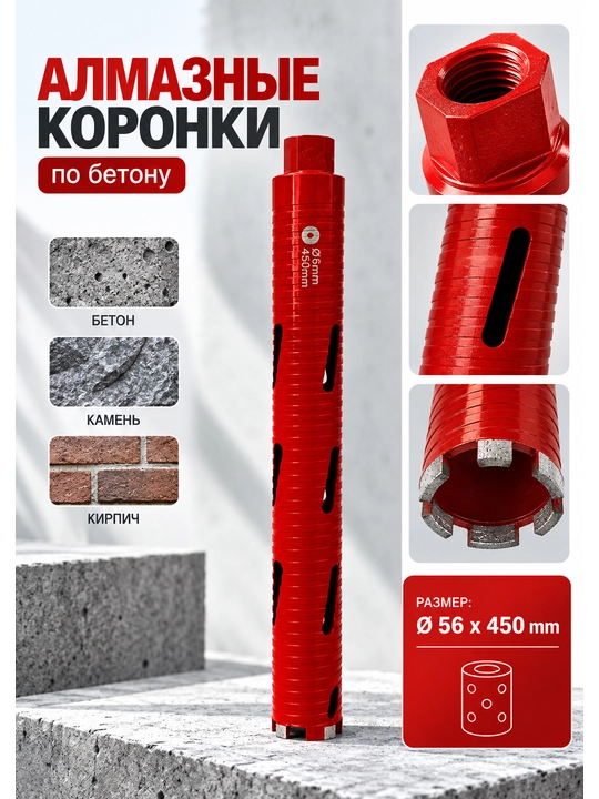 Алмазная коронка по бетону для сухого и мокрого сверления, 25–125 мм