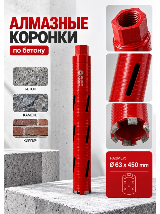 Алмазная коронка по бетону для сухого и мокрого сверления, 25–125 мм