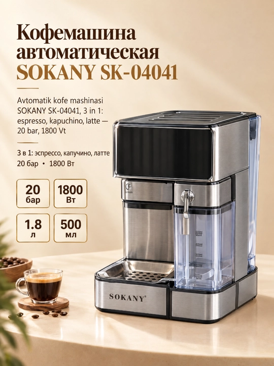 Кофемашина SOKANY SK-04041, 3-в-1, мощность 1800 Вт, сенсорный дисплей - 