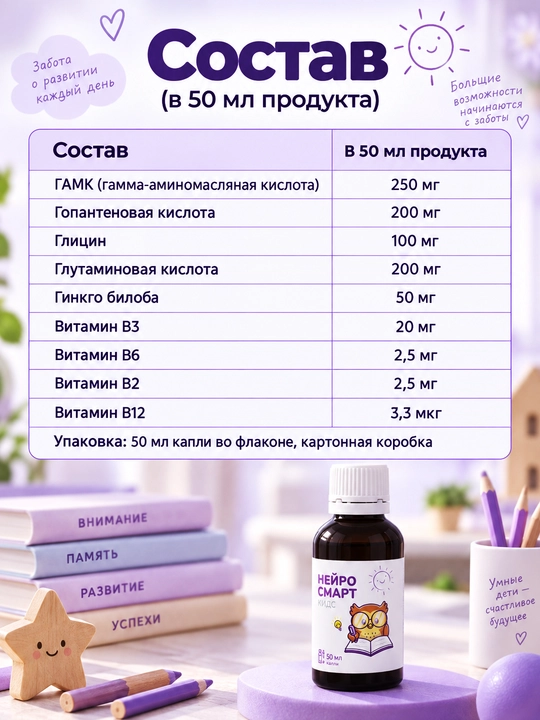 Neyrosmart Kids — для памяти, внимания, речи и поддержки нервной системы, 50 мл, Халяль