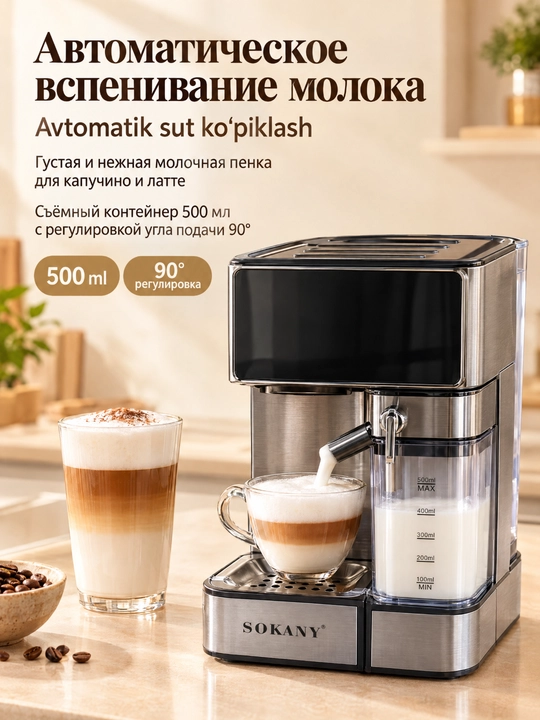 Кофемашина SOKANY SK-04041, 3-в-1, мощность 1800 Вт, сенсорный дисплей