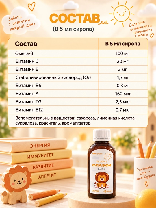 Flaffi Kids — Омега-3, D3 и витамины для роста и иммунитета детей, 120 мл, Халяль