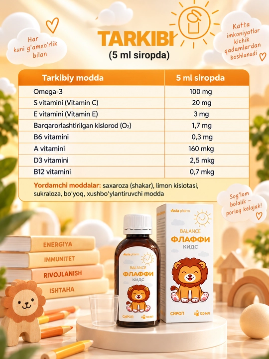Flaffi Kids — Омега-3, D3 и витамины для роста и иммунитета детей, 120 мл, Халяль