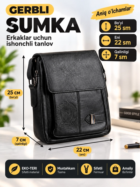 Erkaklar uchun yelkaga osiladigan barsetka sumkasi, eko-charmdan , o‘lchamlari 25x22 sm - 