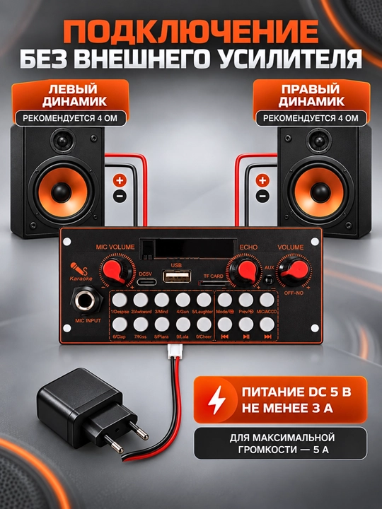 Караоке MP3-модуль JQ-D153BT с усилителем, Bluetooth, USB, AUX и микрофоном
