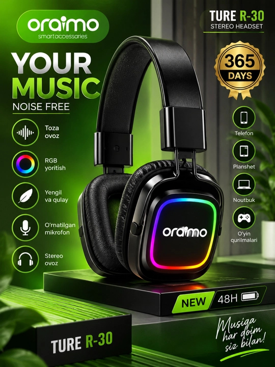 Oraimo TURE R-30 — беспроводные наушники с RGB-подсветкой, стереогарнитура - 