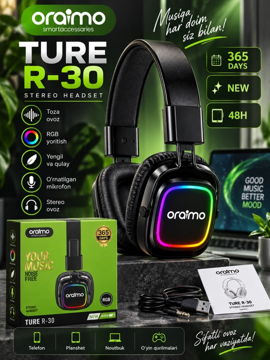 Oraimo TURE R-30 — беспроводные наушники с RGB-подсветкой, стереогарнитура