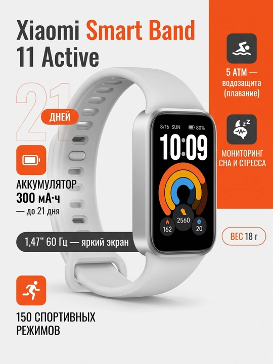 Xiaomi Smart Band 11 active — фитнес-браслет 1,47" 60 Гц, пульс, 5 ATM, до 21 дня работы - 