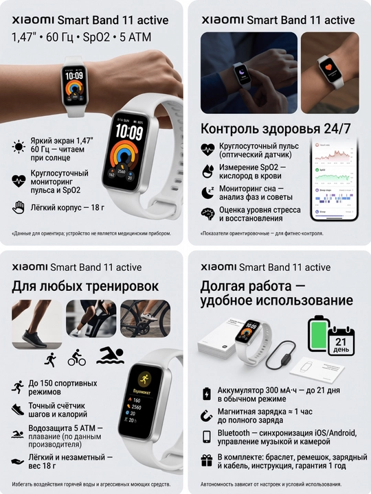 Xiaomi Smart Band 11 active — фитнес-браслет 1,47" 60 Гц, пульс, 5 ATM, до 21 дня работы