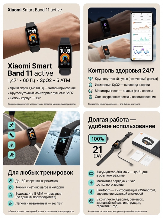Xiaomi Smart Band 11 active — фитнес-браслет 1,47" 60 Гц, пульс, 5 ATM, до 21 дня работы