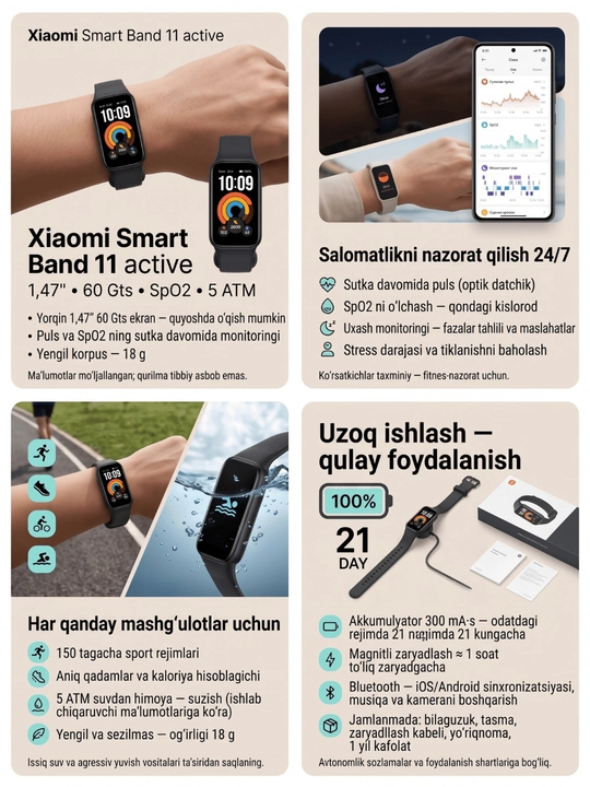 Xiaomi Smart Band 11 active — фитнес-браслет 1,47" 60 Гц, пульс, 5 ATM, до 21 дня работы