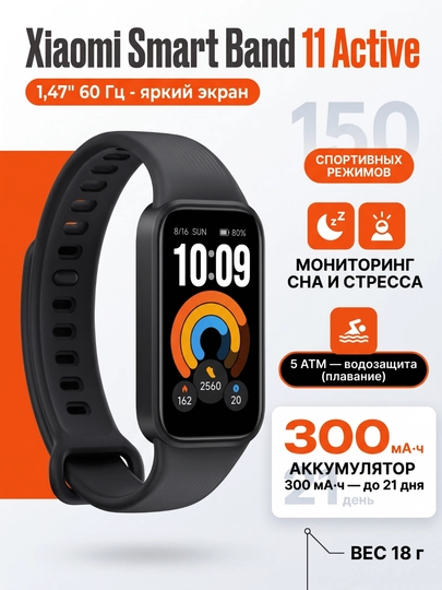 Xiaomi Smart Band 11 active — фитнес-браслет 1,47" 60 Гц, пульс, 5 ATM, до 21 дня работы - 