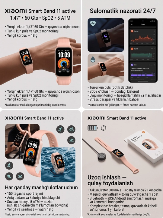 Xiaomi Smart Band 11 active — фитнес-браслет 1,47" 60 Гц, пульс, 5 ATM, до 21 дня работы