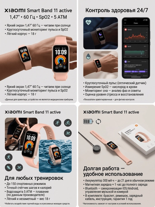 Xiaomi Smart Band 11 active — фитнес-браслет 1,47" 60 Гц, пульс, 5 ATM, до 21 дня работы