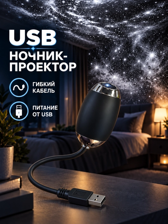 Yulduzli osmon USB proyektori, xona uchun egiluvchan kabelli tungi chiroq - 