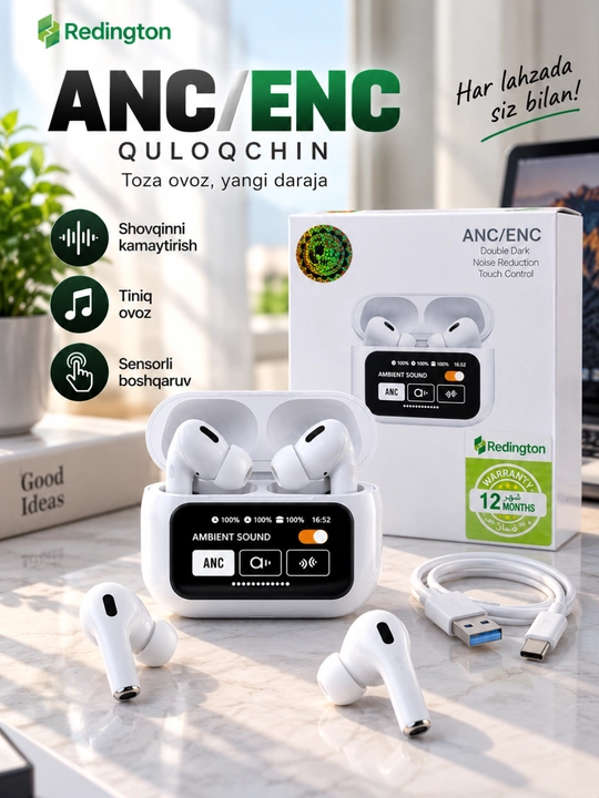 Ekranli simsiz quloqchin, LCD displey, ANC shovqin bostirish, oq/qora rang - 