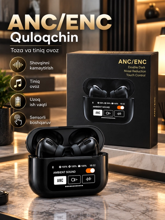 Ekranli simsiz quloqchin, LCD displey, ANC shovqin bostirish, oq/qora rang - 