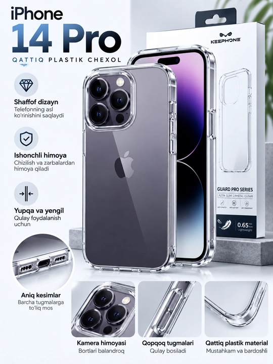 IPhone 14 Pro uchun shaffof qattiq plastik chexol, kamera himoyali, ultra yupqa - 