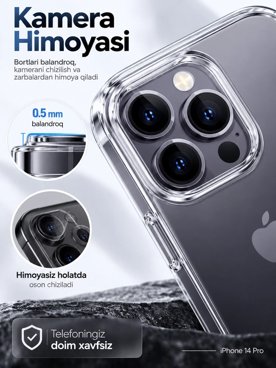 IPhone 14 Pro uchun shaffof qattiq plastik chexol, kamera himoyali, ultra yupqa