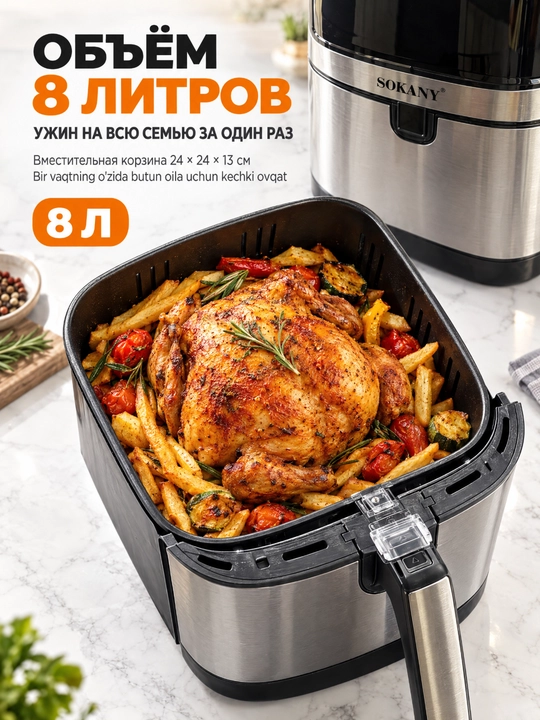SOKANY SK-10045 havo fritür, 8 l, quvvati 2000 Vt, sensorli boshqaruv