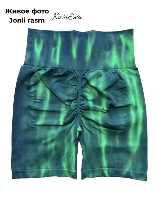 Шорты спортивные, велосипедки, Push-up, Tie-dye, с высокой посадкой, утягивающие